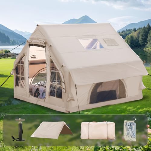 Inflatable Camping Tent with Pump,4-6 Person Waterproof Blow Up Air Tent for Camping Hiking,Easy to Set Up 4-Season Inflatable House Tent with Oversized Canopy.