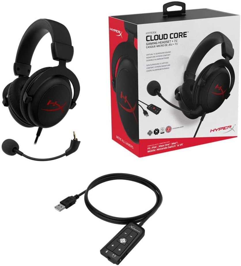 HyperX Cloud Core - Gaming Headset, for PC, 7.1 Surround Sound, Memory Foam Ear Pads, Durable Aluminum Frame, Detachable Noise Cancelling Microphone