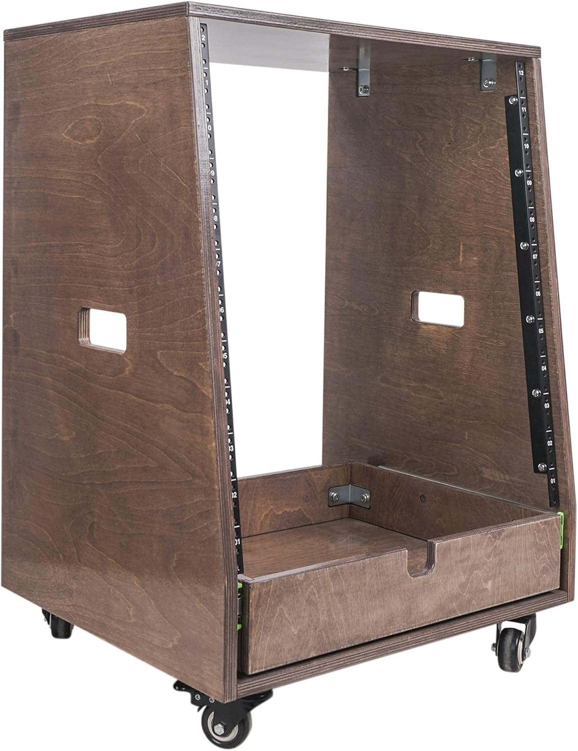 Sound Town 12U DIY Slanted Studio Rack with 12U Rack Space, Extra 2U Drawer, Plywood, Rubber Feet, Casters, Weathered Gray (SDRK-12TBD2)