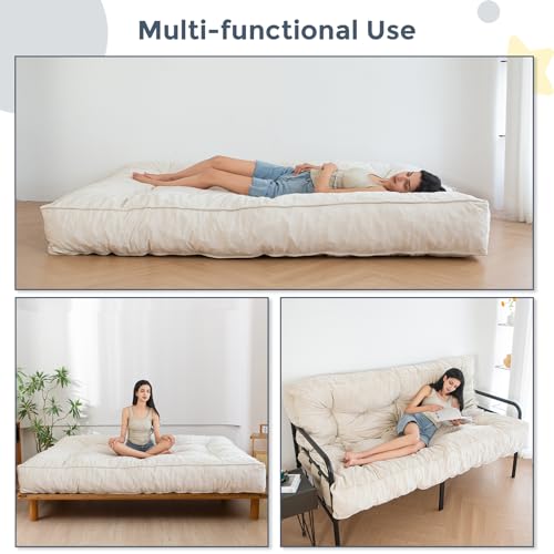 MAXYOYO 8" Futon Mattress Full Size, Extra Thick Futons Sofa Couch Bed, Velvet Floor Mattress for Adults, Shredded Foam Filling (Frame Not Included), Beige