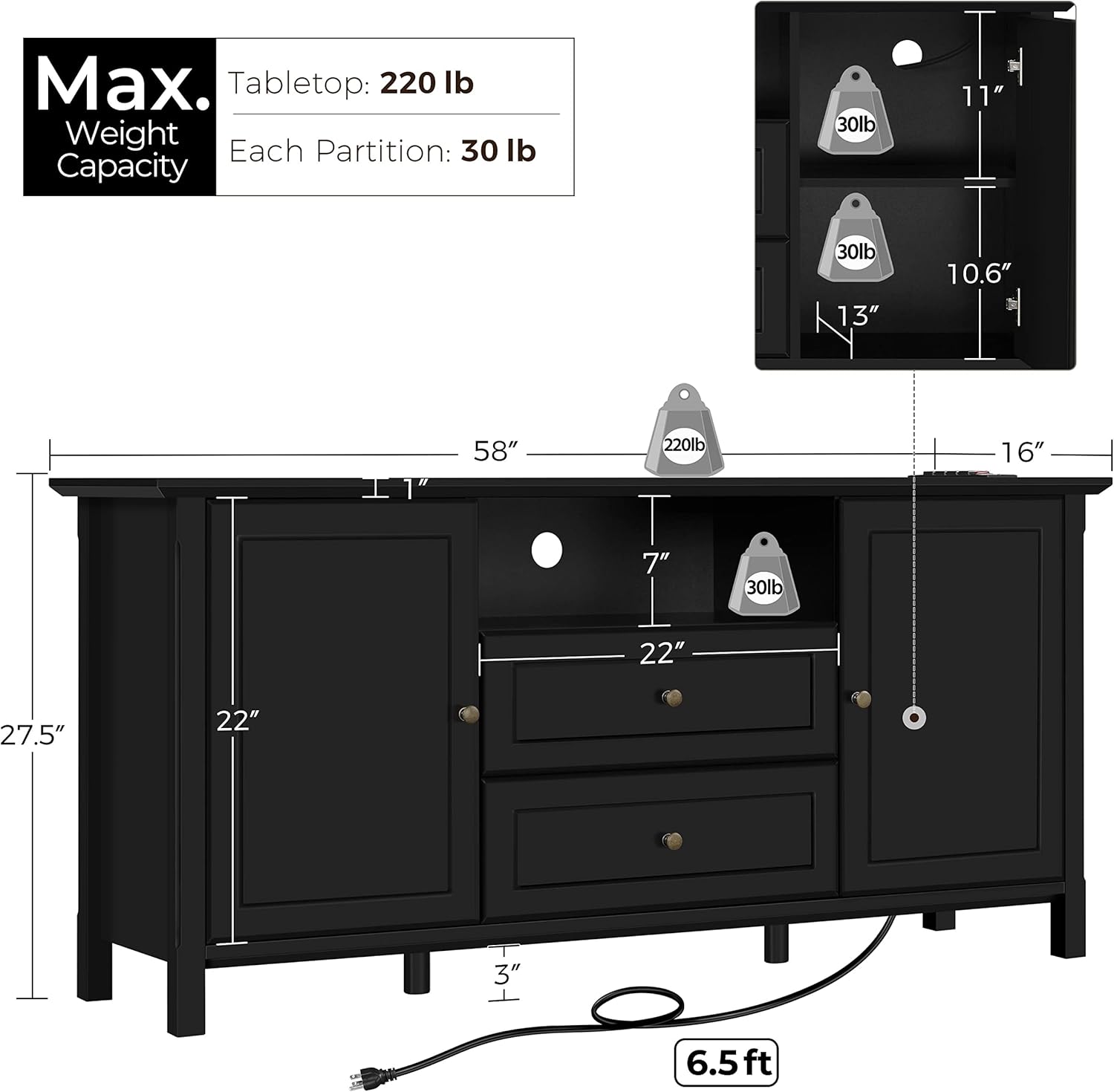 Topeakmart Black Media Entertainment Center with Power Outlet & Storage Cabinets, Elegant TV Stand with Adjustable Shelves for Living Room, 58 in TV Console Table for TVs up to 65 in