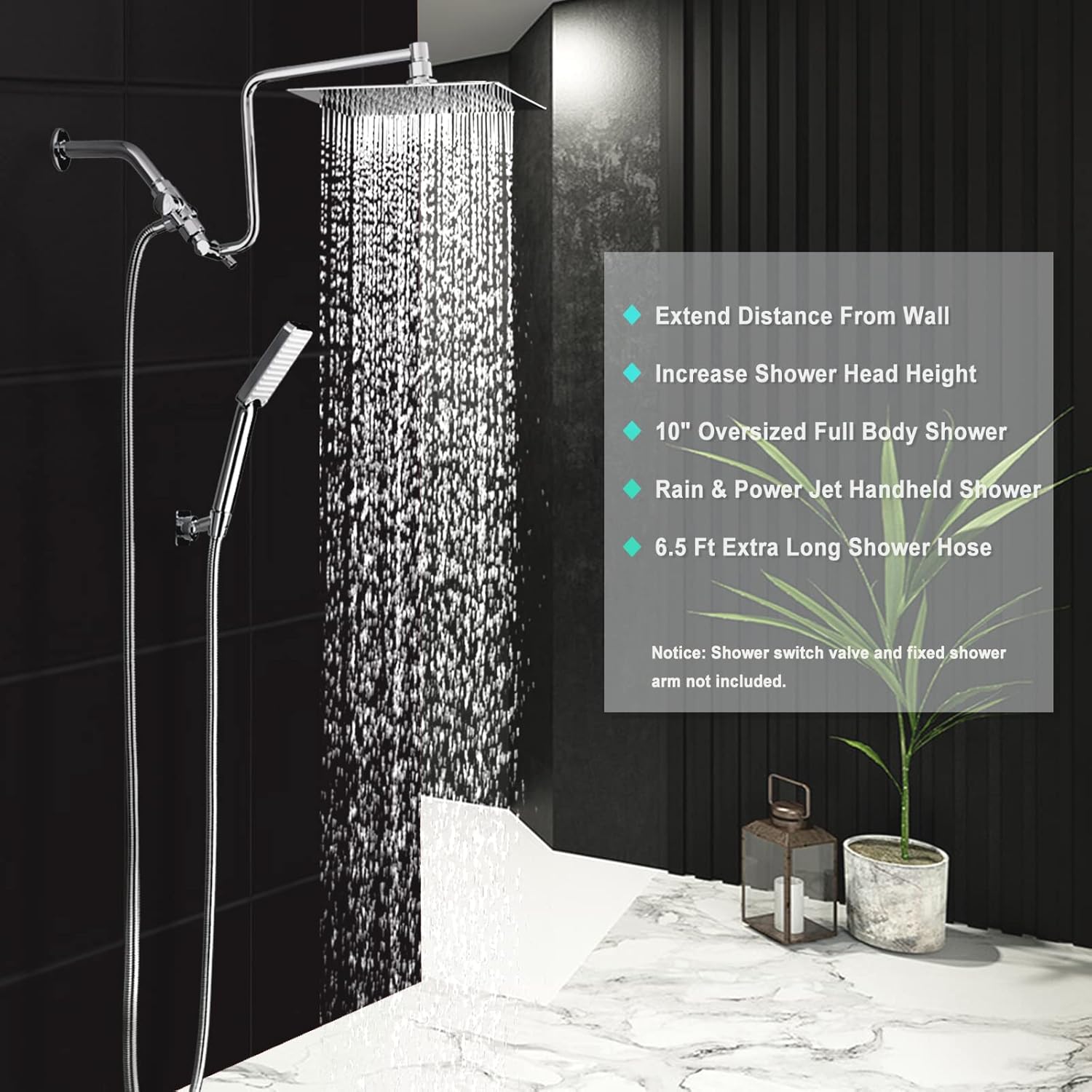 10" High Pressure Rainfall Shower Head with Handheld Combo, Upgrade 12" Extension Arm Height Adjustable, Powerful Stainless Steel Shower Head, Brass Shower Holder Extra Long Shower Hose, Chrome