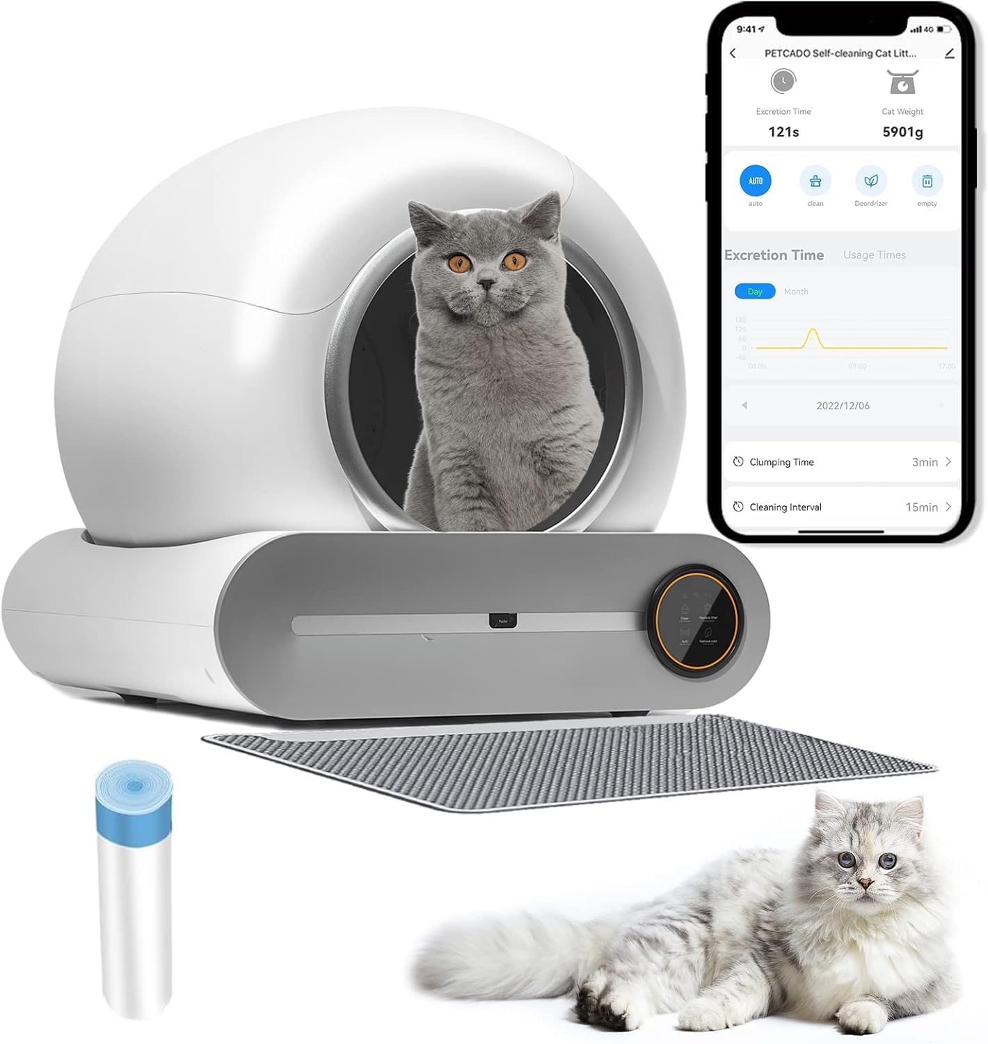 【New】 Automatic Cat Litter Box, Extra Large 65+9L Self-Clean/Free-Scoop Litter Box Robot Toilet, Safety Protection/APP Control/Odor Isolation, with Mat/Bag/Brush for Multiple Cats from 2 to 17LB