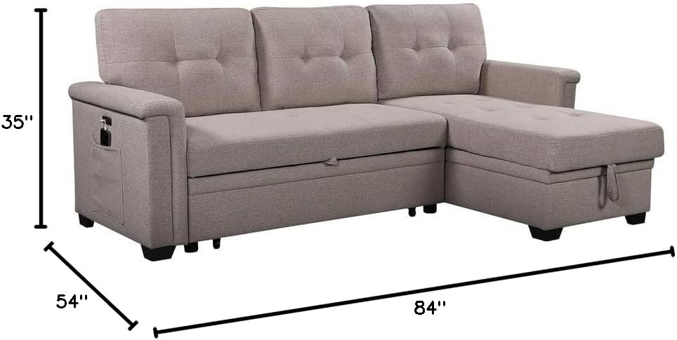 Sectional Sleeper Sofa with Storage Chaise and Pull Out Bed, Linen Tufted Upholstered Convertible Corner Couch for Living Room, Home Furniture, Apartment, 84", Light Gray-1