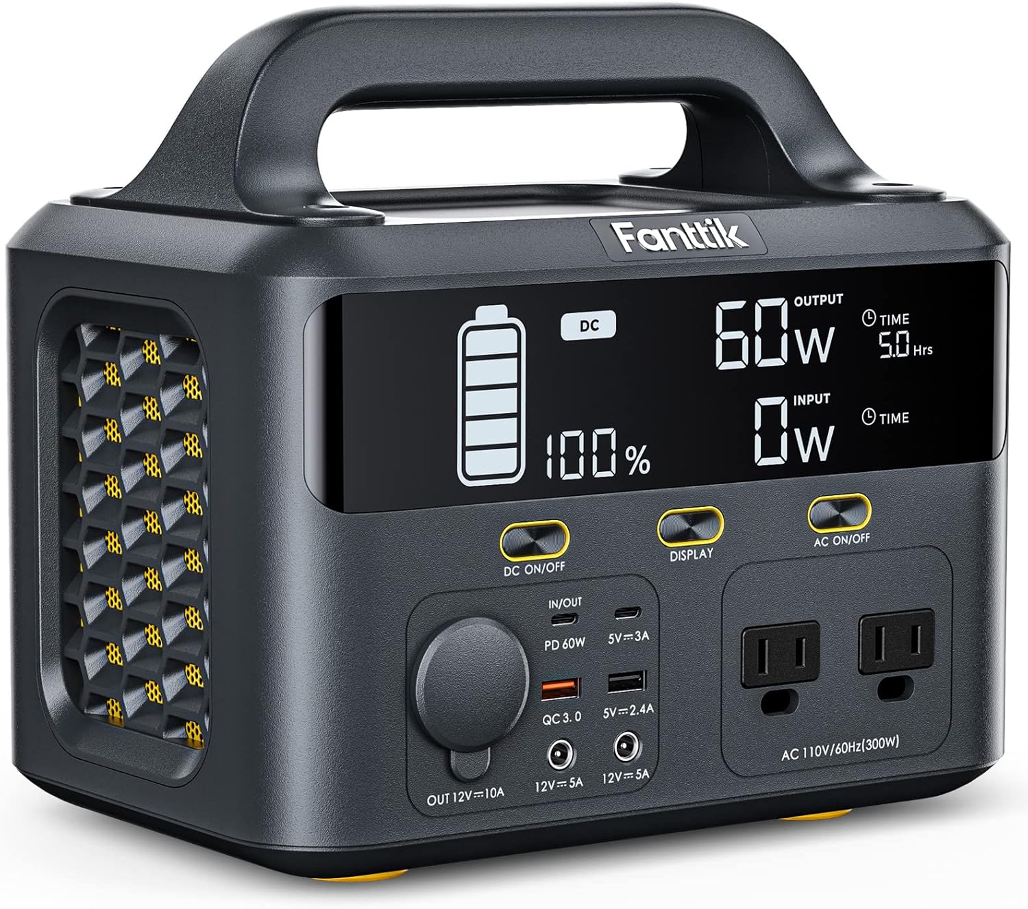 Fanttik EVO 300 Portable Power Station, 299Wh Backup Power Supply with Ultra Large Digital Screen, 2 AC 110V/300W(Peak 600W) Pure Sine Wave Outlets, Solar Generator (Solar Panel Not Included) for Outdoors Camping Travel Hunting RV Home Emergency