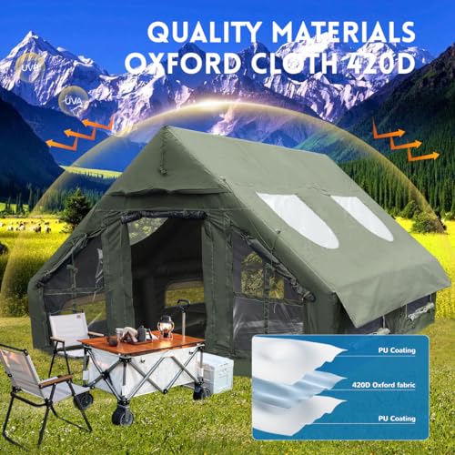 Inflatable Camping Tent with Pump & Detachable Waterproof Canopy - Quick Setup Glamping Shelter with Mesh Windows, Transparent PVC Door Curtains & Skylight for Luxurious Outdoor Adventures
