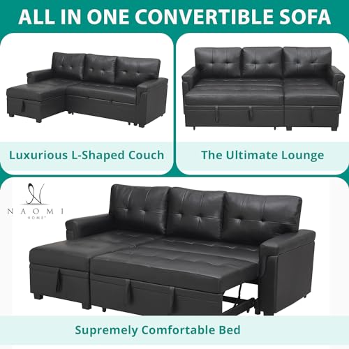 Naomi Home Jenny Sectional Sofa Sleeper with Storage Chaise, Tufted Pull Out Couch with Storage, L-Shaped Reversible Sleeper Sofa with Storage, Black,Air Leather