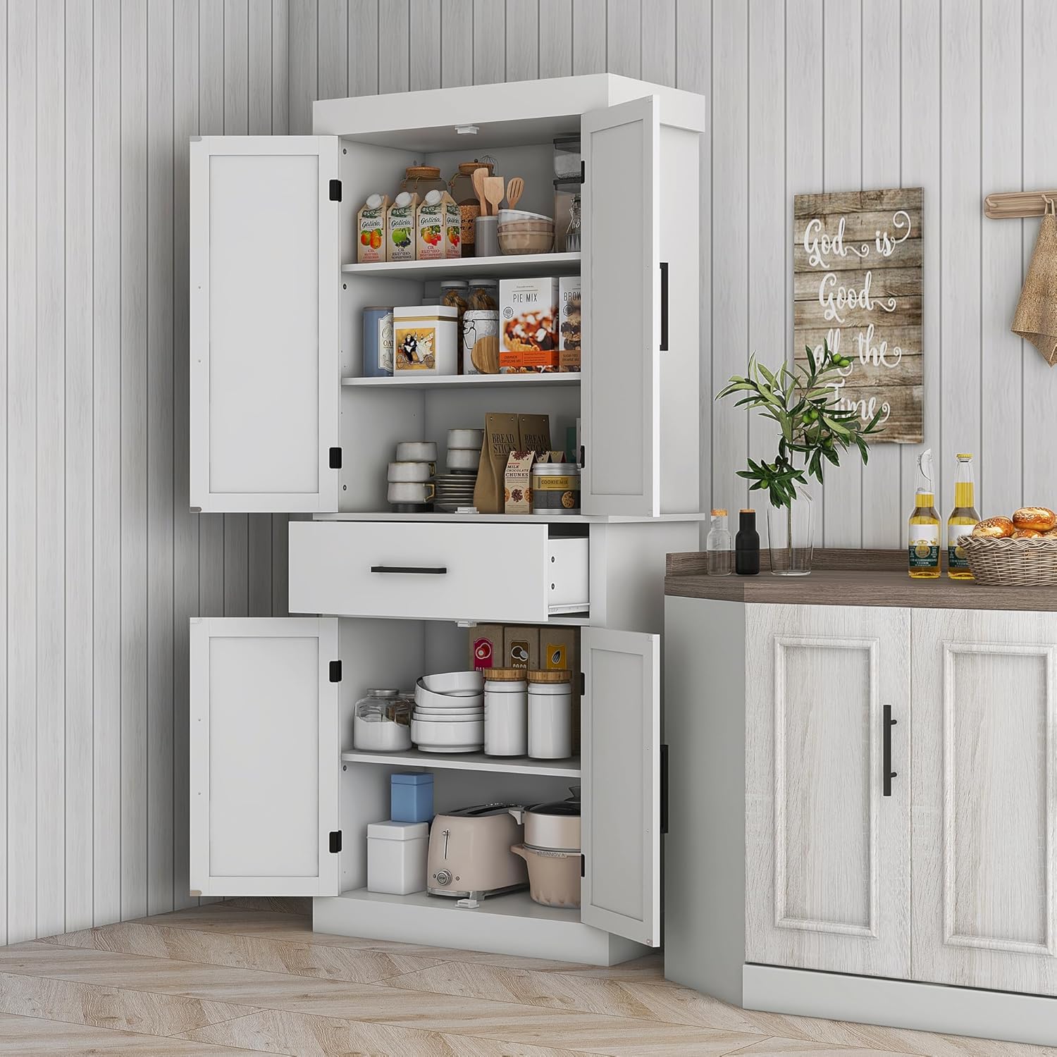 HOMCOM 72" Tall Kitchen Pantry Storage Cabinet, Farmhouse Freestanding Kitchen Cabinet with 4 Barn Doors, Drawer, 5-Tier Shelf and Adjustable Shelves, White