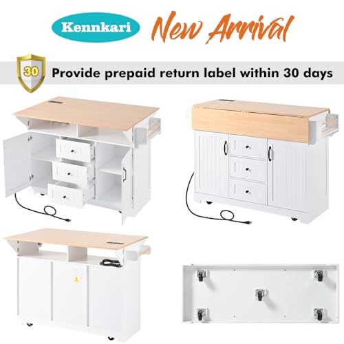 Rolling Kitchen Island with 2 Drop Leaf and Power Outlet, Island Table on Wheels with Towel Rack and Spice Rack, Kitchen Cart with Storage Cabinet and Drawers (White)