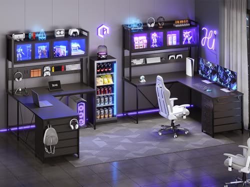SEDETA L Shaped Gaming Desk with Drawers, L Shaped Computer Desk with Hutch and Storage Shelves, Gaming Desk with Pegboard, Led Lights, and Power Outlet, Home Office Desk, Corner Desk, Rustic Brown