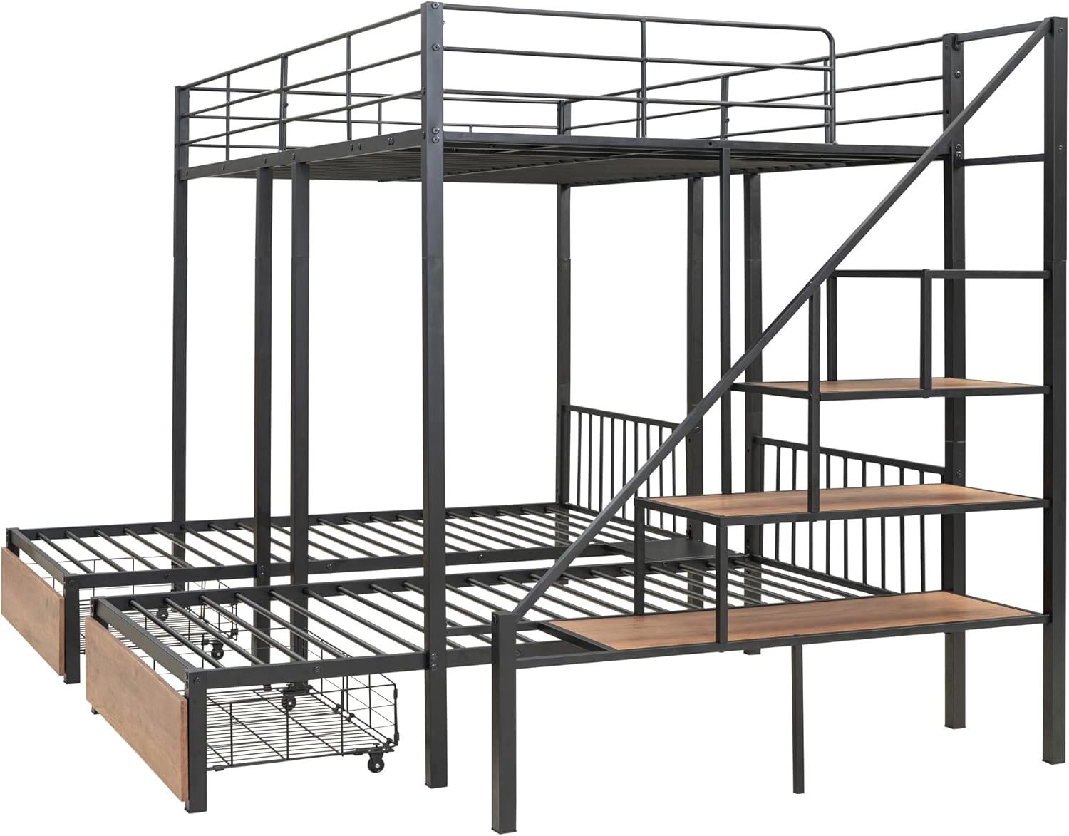 CITYLIGHT Triple Bunk Beds with Storage, Metal Full Over Twin & Twin Bunk Beds with Stairs,3 Bed Bunk Bunk for Kids, Girls, Boys,Teens, Adults,Space Saving Design,Can be Separated into 3 Beds, Black