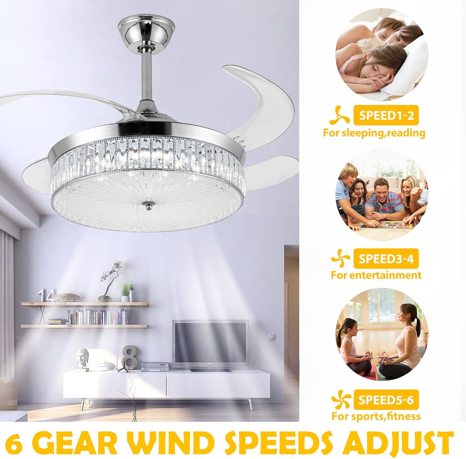 42" Retractable Crystal Ceiling Fans with Lights, Stepless Dimmable Chandelier Ceiling Fans Remote Control Invisible Blades, Reversible Fandelier Fans for Living Room Bedroom
