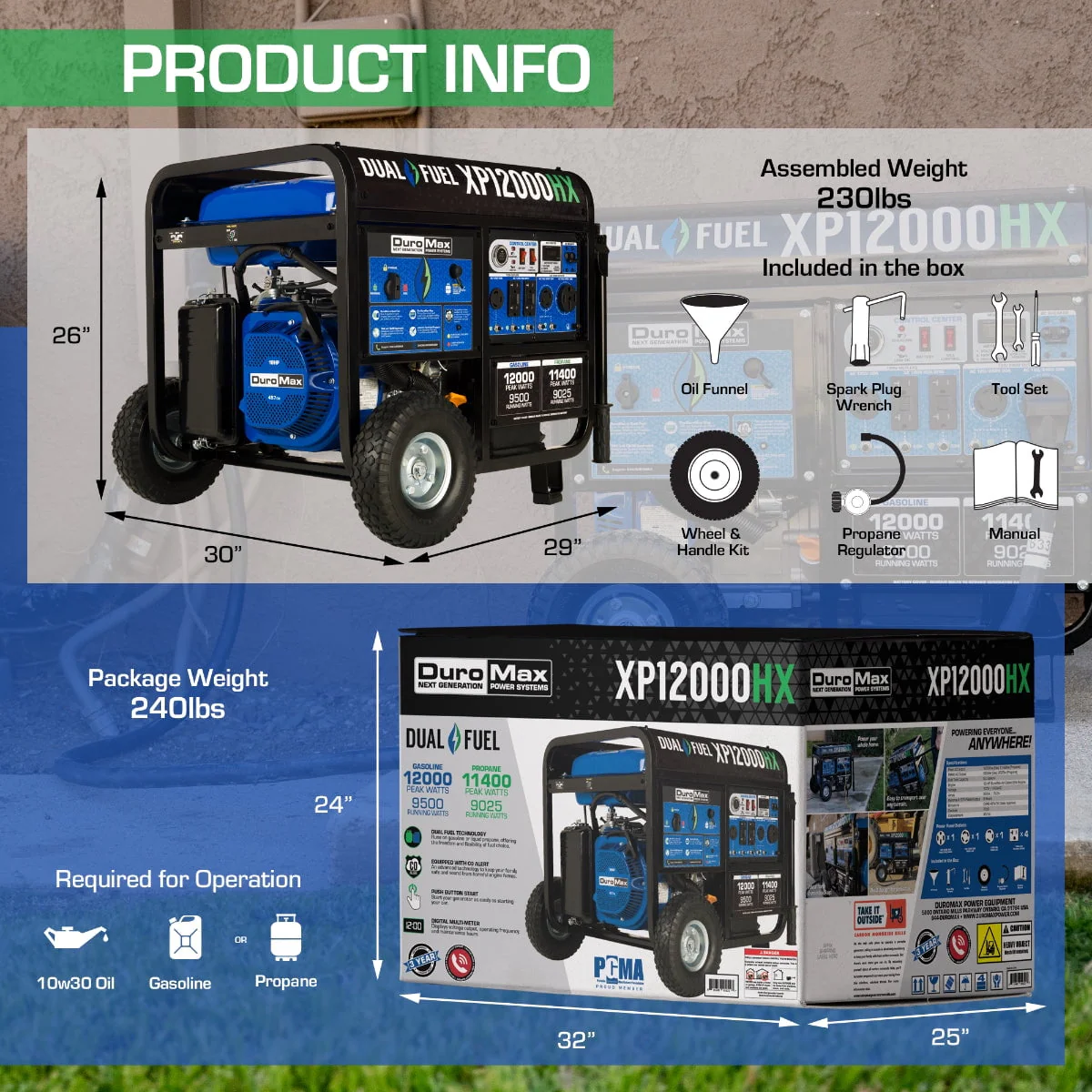 Duromax-XP12000HX DuroMax Generator Dual Fuel Gas Propane Portable with CO Alert 12,000 Watt