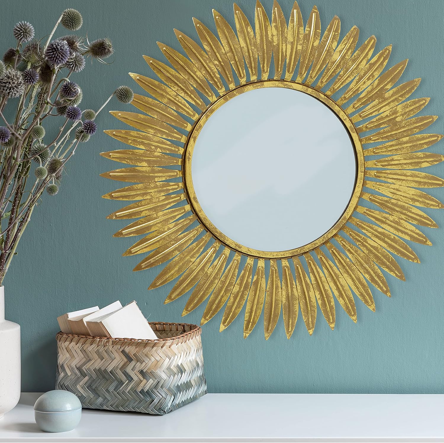 WHW Whole House Worlds Burst Accent Mirror, Brilliant Reflective Glass, Circular, Vintage Style, Golden Gilt Finish Over Metal, Layered Leaf Frame, 19.75 Inches Diameter