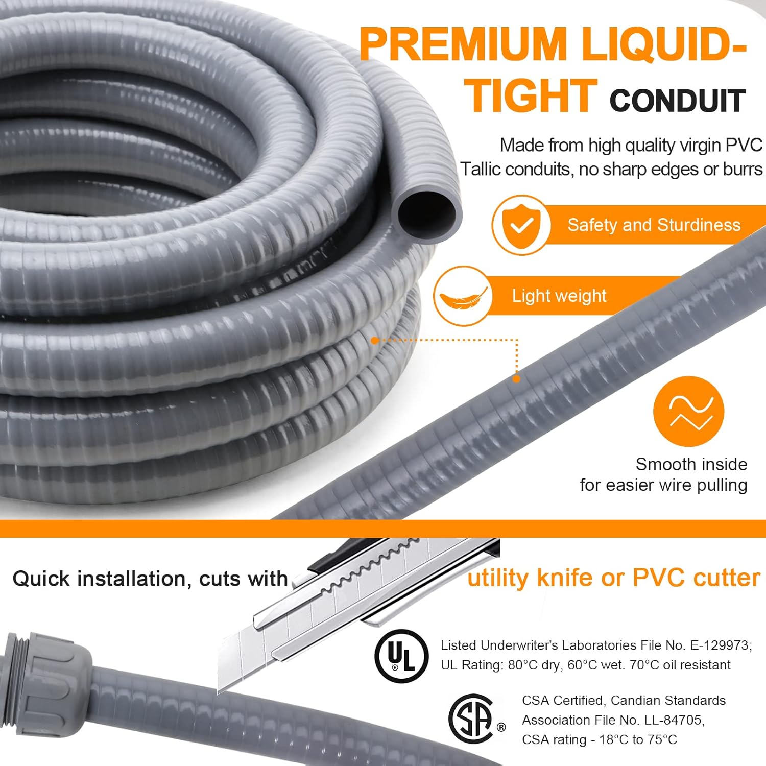 Liquid-Tight Conduit and Connector Kit,Flexible Non Metallic Liquid Tight Electrical Conduit,1/2inch 100ft Electrical Conduit Kit,with 5 Straight and 3 Angle Fittings Included,1/2 in. Dia Pack of 2