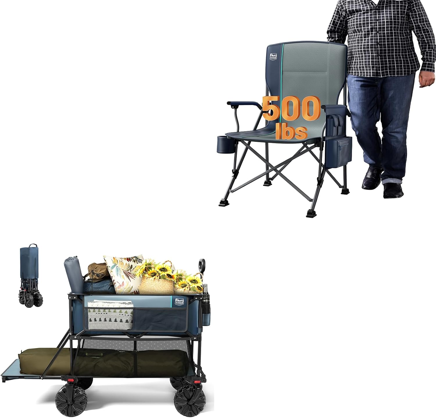 TIMBER RIDGE 400L Large Capacity Folding Double Decker Wagon Blue&Oversized Folding Camping Chair High Back Heavy Duty for Adults Support up to 500lbs