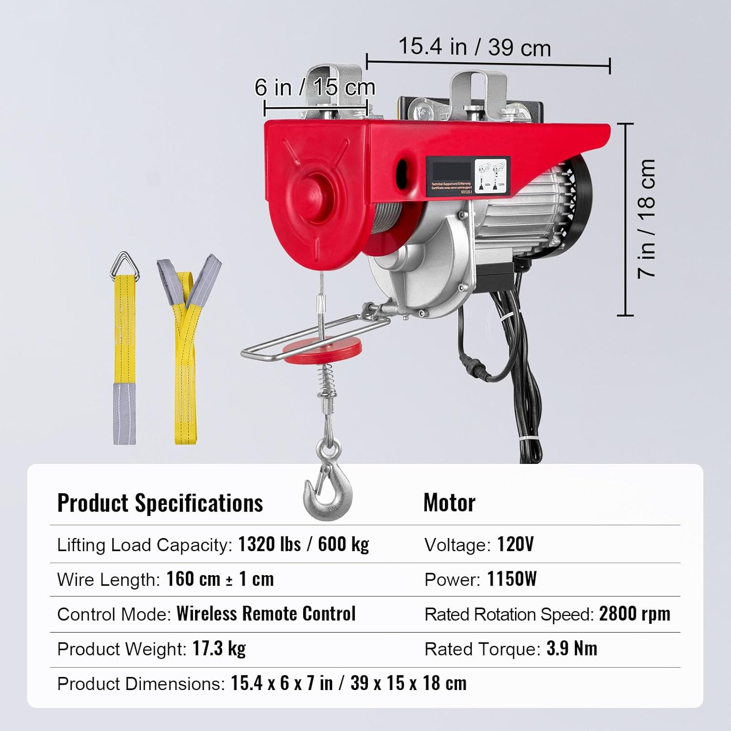 DOUKI Heavy Duty Electric Hoist with Wireless Remote Control - 1320 lbs Lifting Capacity, 1150W 110V Steel Wire Winch, 40ft Single Cable Lifting Height - Ideal for Garage, Warehouse, Factory