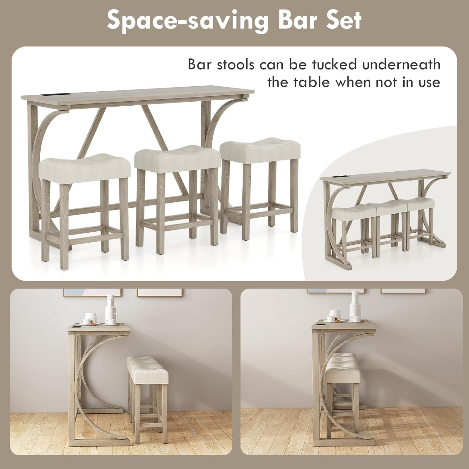 Giantex Small Dining Table Set - 4-Piece Bar Table and Chairs Set with Power Outlet, Upholstered Saddle Seat Stools, Counter Height Dining Table Set, Breakfast Nook for 3 People, Kitchen Table Set
