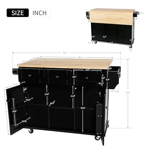 53.5Inch Kitchen Island with Power Outlet, Storage Cabinets Trolley with Drop Leaf, Spice Rack and Drawer, Rolling Kitchen Cart on Wheels, for Farmhouse and Dining Room, Black