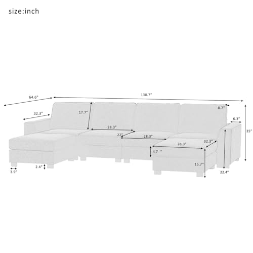 TRIPLE TREE Large U-Shaped Sectional Sofa Couch Sets with Removable Ottomans for Living Room, 131" Polyester Upholstered Couch, Modern 6 Seater Sofa Couches for Apartment Office, Gray