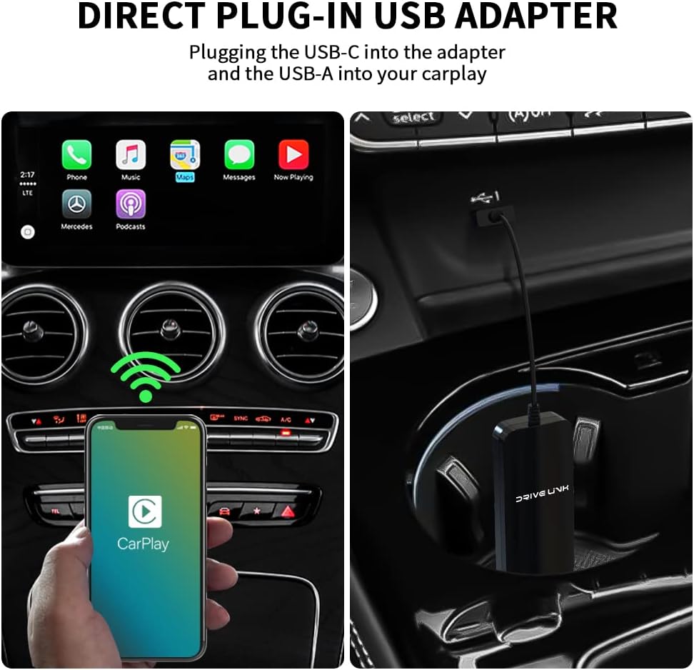 DriveLink 2.0 Wireless CarPlay Adapter for All Factory Wired CarPlay Cars Wireless CarPlay Dongle Convert Wired to Wireless CarPlay, Low Latency, Easy-to-Install, Plug & Play