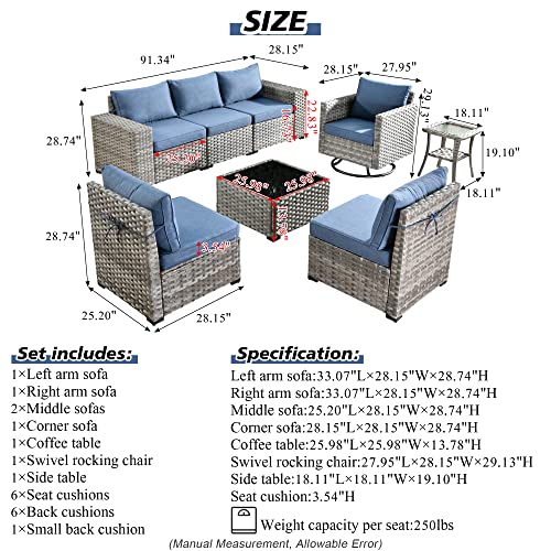 Outdoor Patio Sectional Furniture Sofa Set with Swivel Rocking Chair,8 Piece Modern Wicker Couch with Widened Armrest,Modular Conversation Seating Set for Garden(Orange Red)