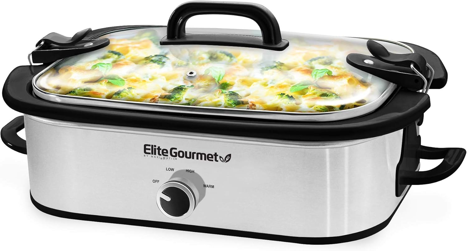 Elite Gourmet MST-5240SS Crock Slow Cooker, Locking Lid Adjustable Temperature Keep Warm Oven & Dishwasher-Safe Casserole Pan, 3.5Qt Capacity, Stainless Steel Pack of 2