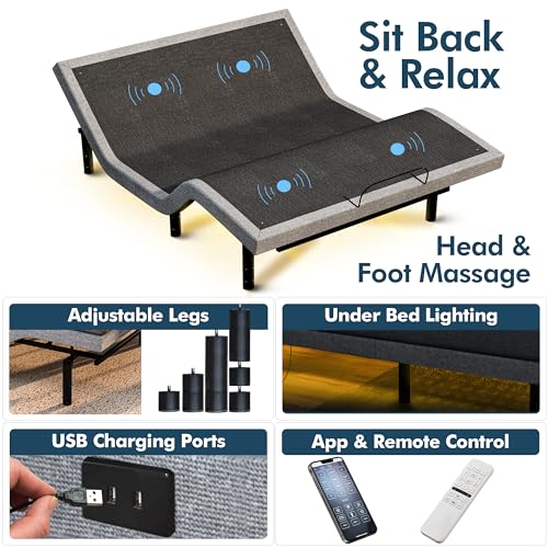 Split King Adjustable Bed Frame + 14" Luxury Cooling Gel Mattress, Dual Electric Massage - Dual USB Ports, Under Bed Light, App Control, Zero Gravity, Head and Foot Incline Base (Split King)