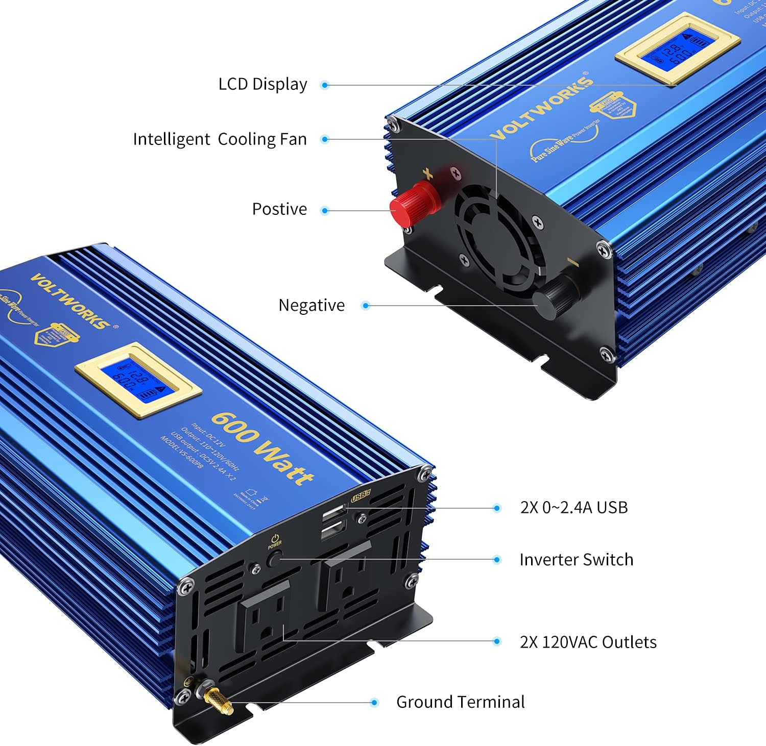 VOLTWORKS 600 Watts Pure Sine Wave Power Inverter 600w DC 12V to AC 110V 120V with Dual 2.4A USB Port & LCD Display Two AC Outlets for Car Truck RV