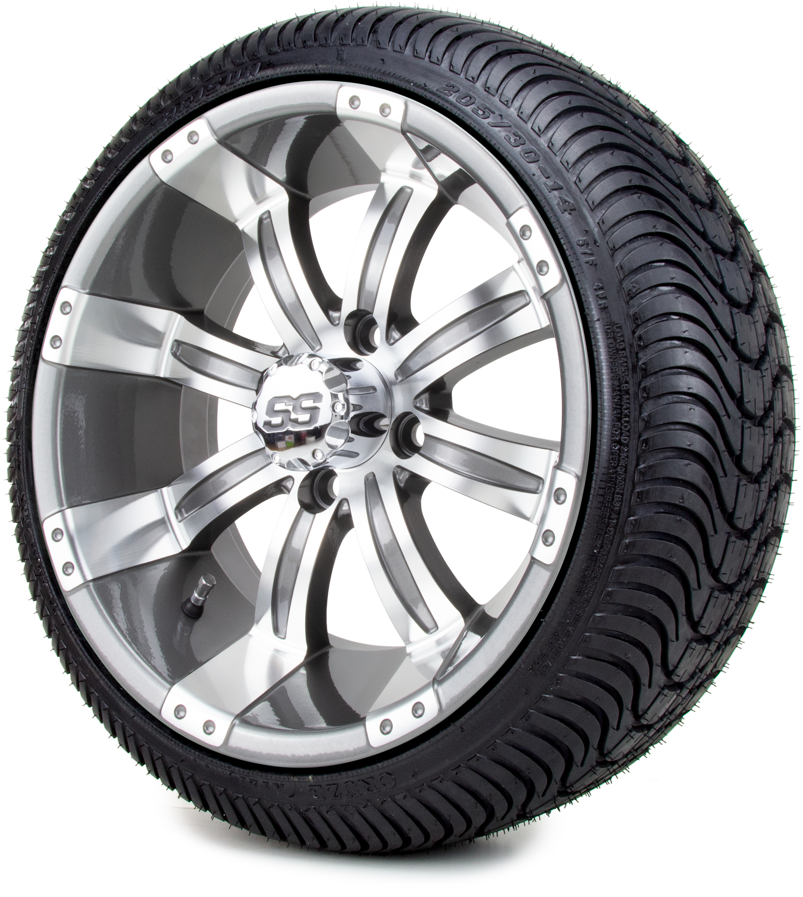 14" Gunmetal Tempest Golf Cart Wheels and Tires Combo with Low Profile Tires
