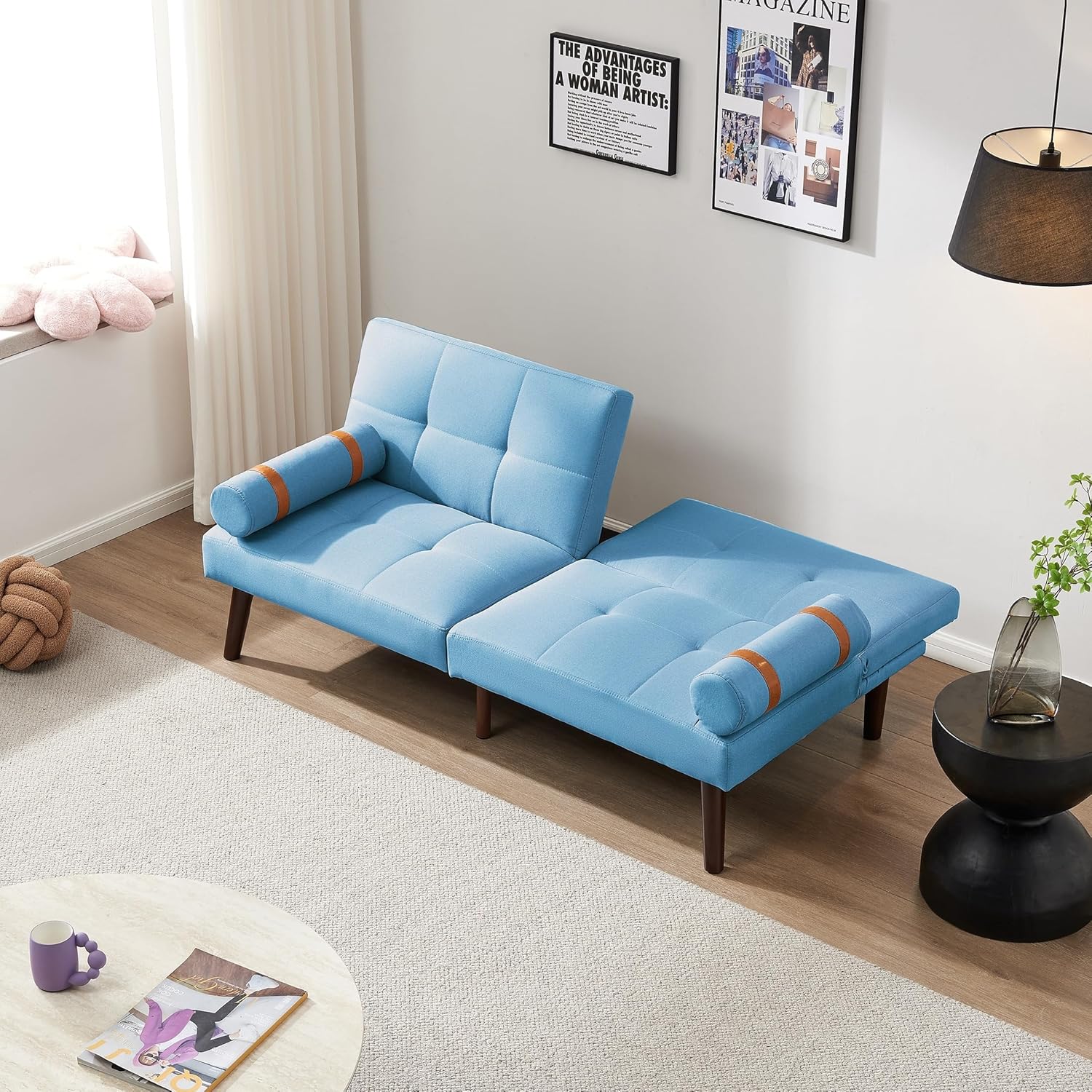 Linen Futon Sofa Loveseat Convertible Sleeper Bed with Solid Wood Legs Adjustable Backrests for Living Room Blue Lake House Modern Contemporary Fabric
