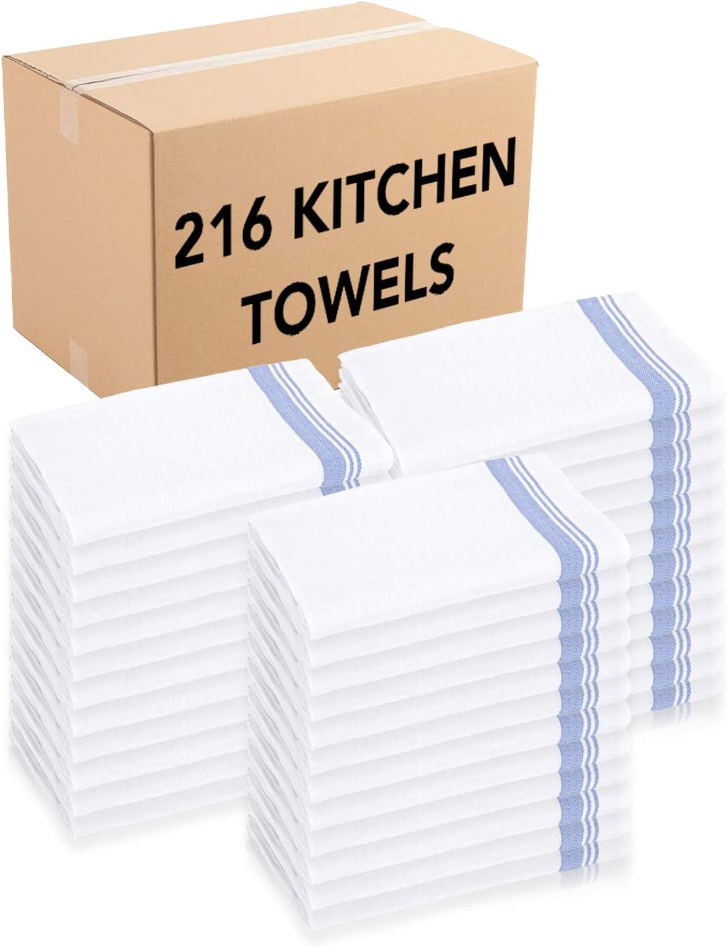 Arkwright Herringbone Kitchen Towels (Oversized 20x28, 216 Bulk Case Pack) - Perfect 100 Percent Cotton Dish Towel, Tea Towel (Blue Stripes)
