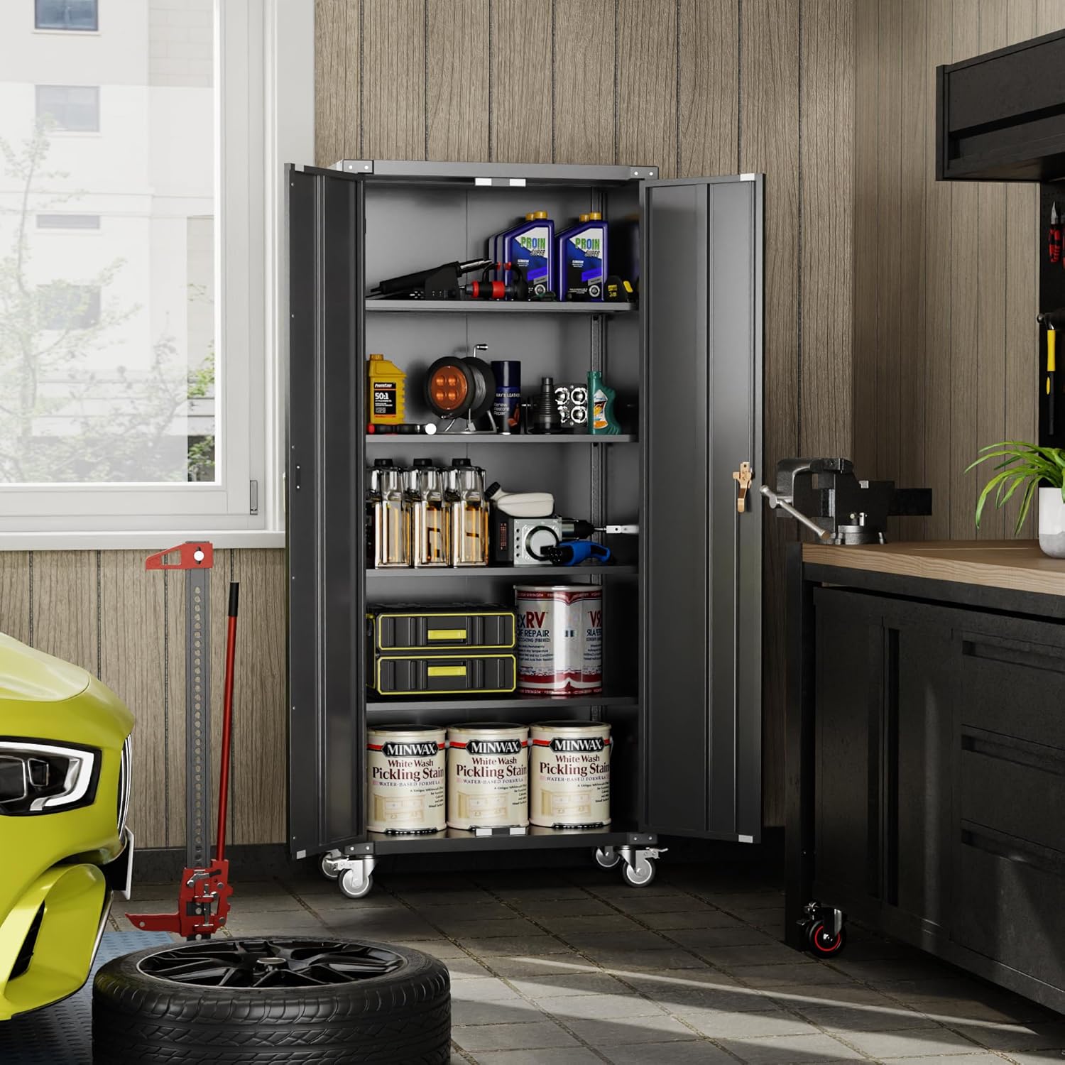 72" Black Metal Storage Cabinets with Wheels and 4 Adjustable Shelves, Lockable Rolling Cabinet Black, Home Office Metal Utility Cabinet for Garage Kitchen, Assembly Required