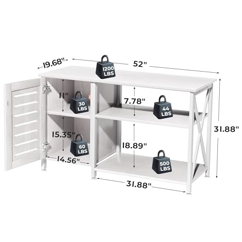 55-75 Gallon Fish Tank Stand, Aquarium Stand with Power Outlets and Cabinet for Fish Tank Accessories Storage, Heavy Duty Metal Frame, 52" L*19.68" W Tabletop, 1200LBS Capacity, White PG05YGW
