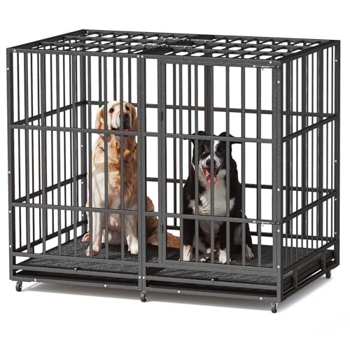 48 Inch Heavy Duty Indestructible Dog Crate Steel Escape Proof, Indoor Double Door High Anxiety Cage, Kennel with Wheels, Removable Tray, Extra Large XL XXL