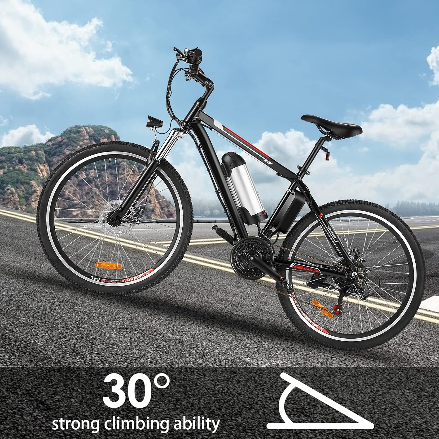 Kemanner 26 inch Electric Mountain Bike 21 Speed 36V 8A Lithium Battery Electric Bicycle for Adult (Black/Red)