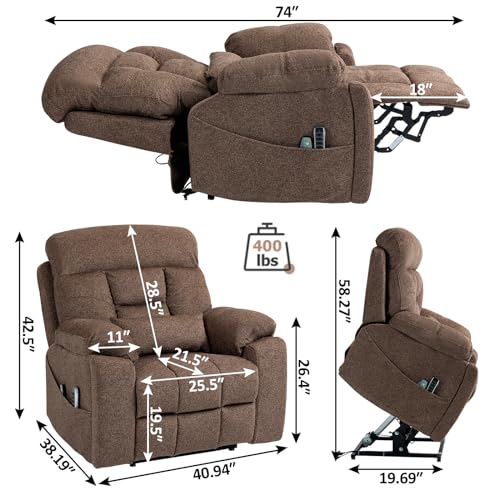 Light Grey Recliner Chair for Elderly | Tall and Big Man 400lbs | Chenille | Power Lift, Lay Flat, Stand Up, Wireless Charging Device, Extended Footrest, Massage Heat, Cup Holder, Lumbar Pillow