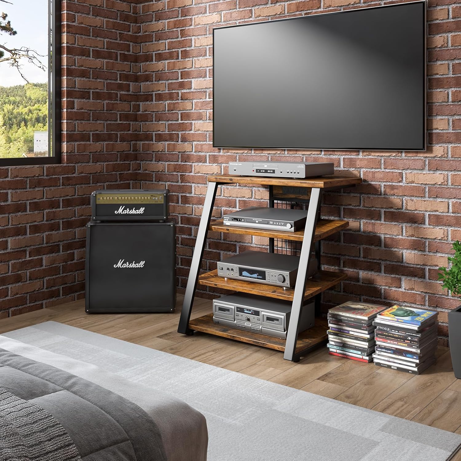 AV Media Stand with Outlets, Stereo Racks with LED Lights, Media Console, Record Player Stand, Media Audio Tower Cabinet, 30'', Rustic Brown