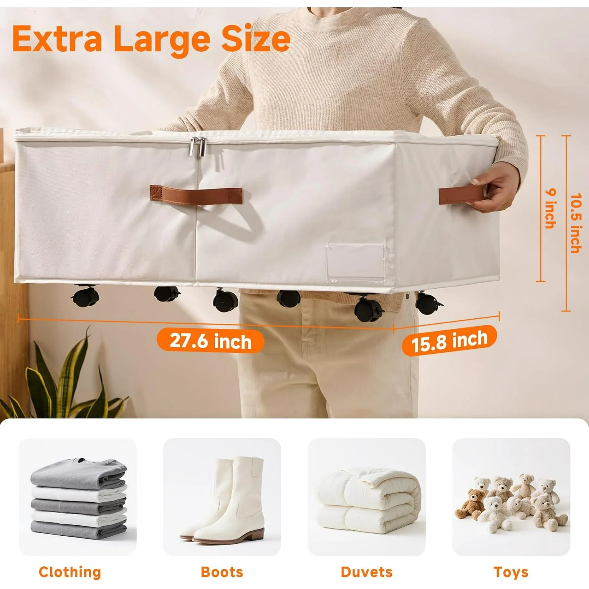 60L Large Under Bed Storage with Wheels Pack of 2, Underbed Shoe Container Bin with Clear Lid Cover, 10.5 Inches Rolling Under Bed Drawer Storage Bag Basket for Boots Quilt Sweater - Grey