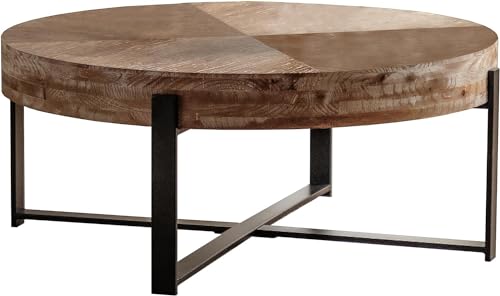 Antique Round Coffee Table Solid Wood Coffee Table, 31.29 inch Farmhouse Coffee Table with Cross Metal Base, Modern Cocktail Table Center Table for Living Room Coffee Table, Natural & Gold