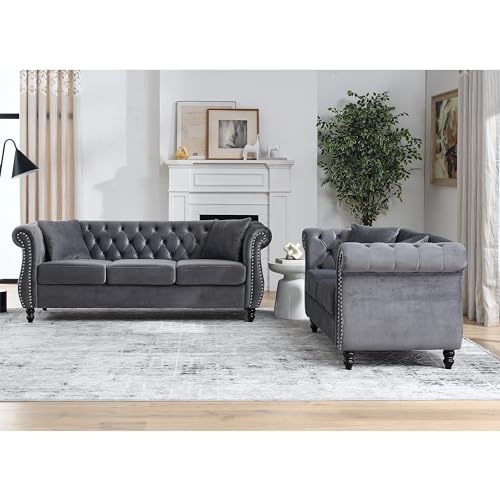 80" Grey Velvet Chesterfield Sofa for Living Room,2 Pcs 3 Seater Sofa Button Tufted Nailhead Trimming Curved Backrest Rolled Arms with Silver Metal Legs with 4 Pillows