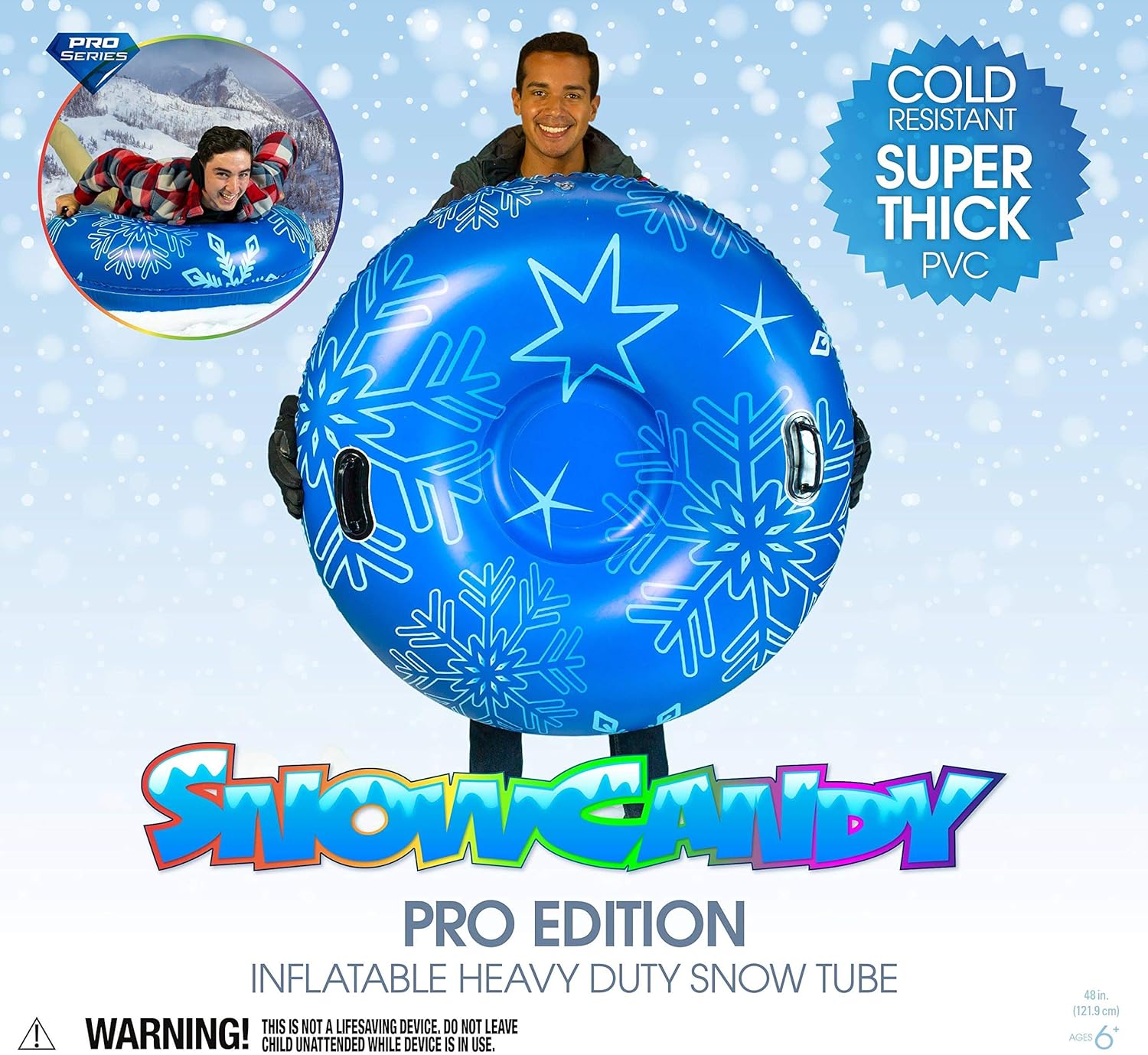SNOWCANDY Snow Tube 48 Blue Pro-Tuber Edition, Inflatable Snow Sled Toboggan for Kids and Adults, Heavy Duty with Handles and Bottom, Winter Outdoor Sledding, Easy to Inflate and Deflate