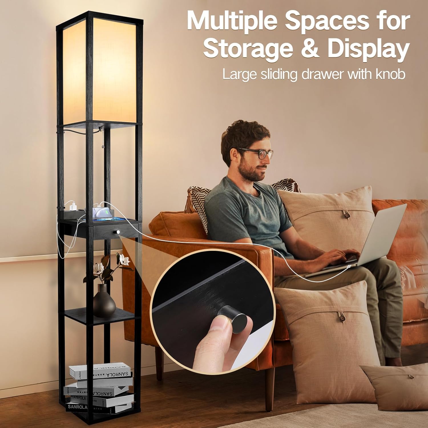 OUTON Wood Tripod Floor Lamp with Shelves, Mid Century LED Modern Dimmable Floor Lamp with Remote Control, Sturdy Tall Standing Lamp with Beige Linen Texture Shade for Living Room, Bedroom, Office