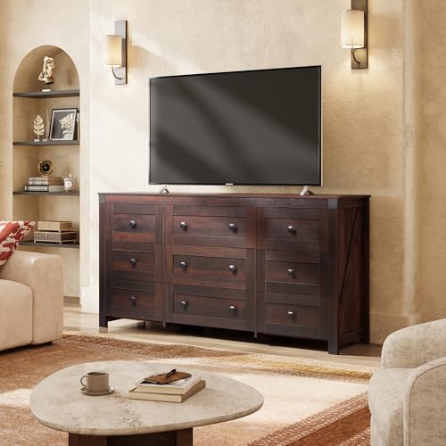 WLIVE 9 Drawer Dressers, Modern Large Wood Dresser Chest for Bedroom Organize with Sturdy Metal Handle, TV Stand for 75 inch TV, Living Room Office, Hallway, Ball Bearing Slide, Grey Oak (63" W)