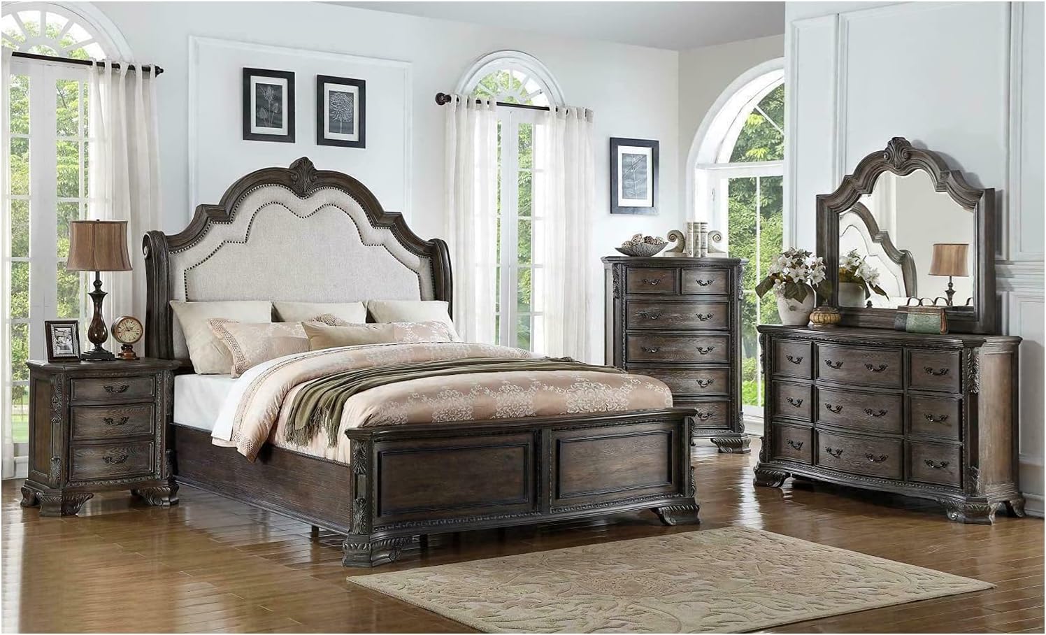 Grey 4 Piece Traditional Style King Size Bedroom Set Furniture Bed Dresser Mirror Nightstand Department Hardwood Solid Wood Wooden of Set