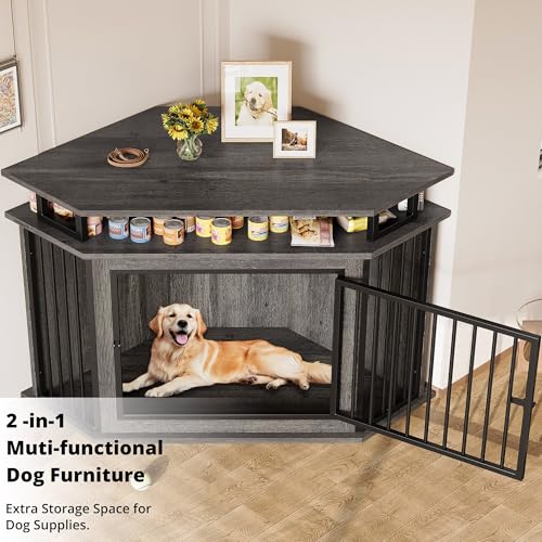 IRONCK 51" Corner Wooden Dog Crate Furniture with 2-Tier Shelves, Pet Kennel for Large Dogs, Space-Saving Dog Cage Indoor, Rustic Brown (26.7" L x 51.2" W x 33.5" H)