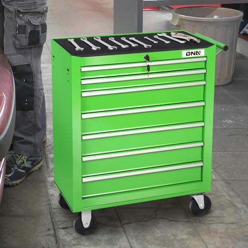 DNA MOTORING 7-Drawer Rolling Tool Cabinet Chest with Keyed Locking System Non-Slip Mat, for Garage Warehouse Workshop, Green, TOOLS-00399