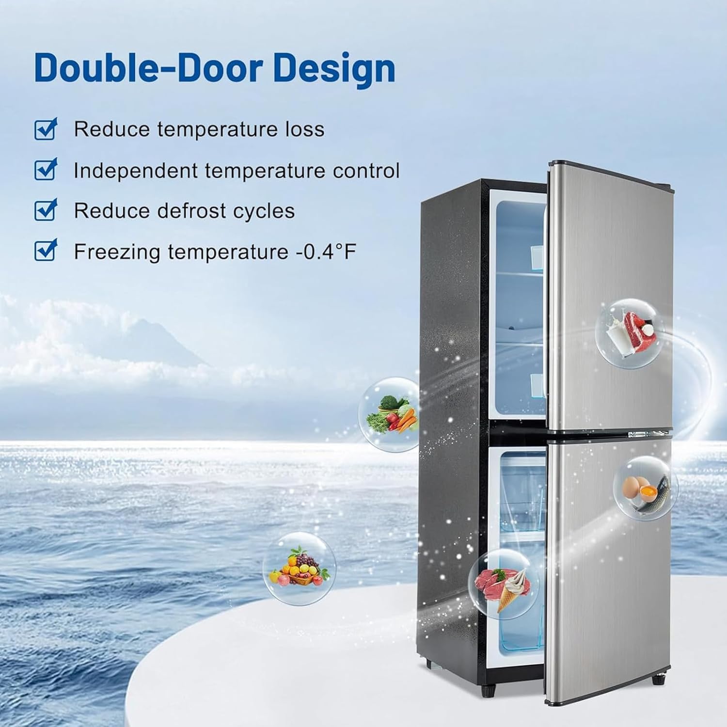 Compact Mini Fridge with Freezer 4.0 Cu.Ft Dual Zone Small Refrigerator 7 Level Adjustable Mechanical Thermostat Removable Glass Shelves LED Lighting for Bedroom, Kitchen, Dorm, Apartment, Bar, Office