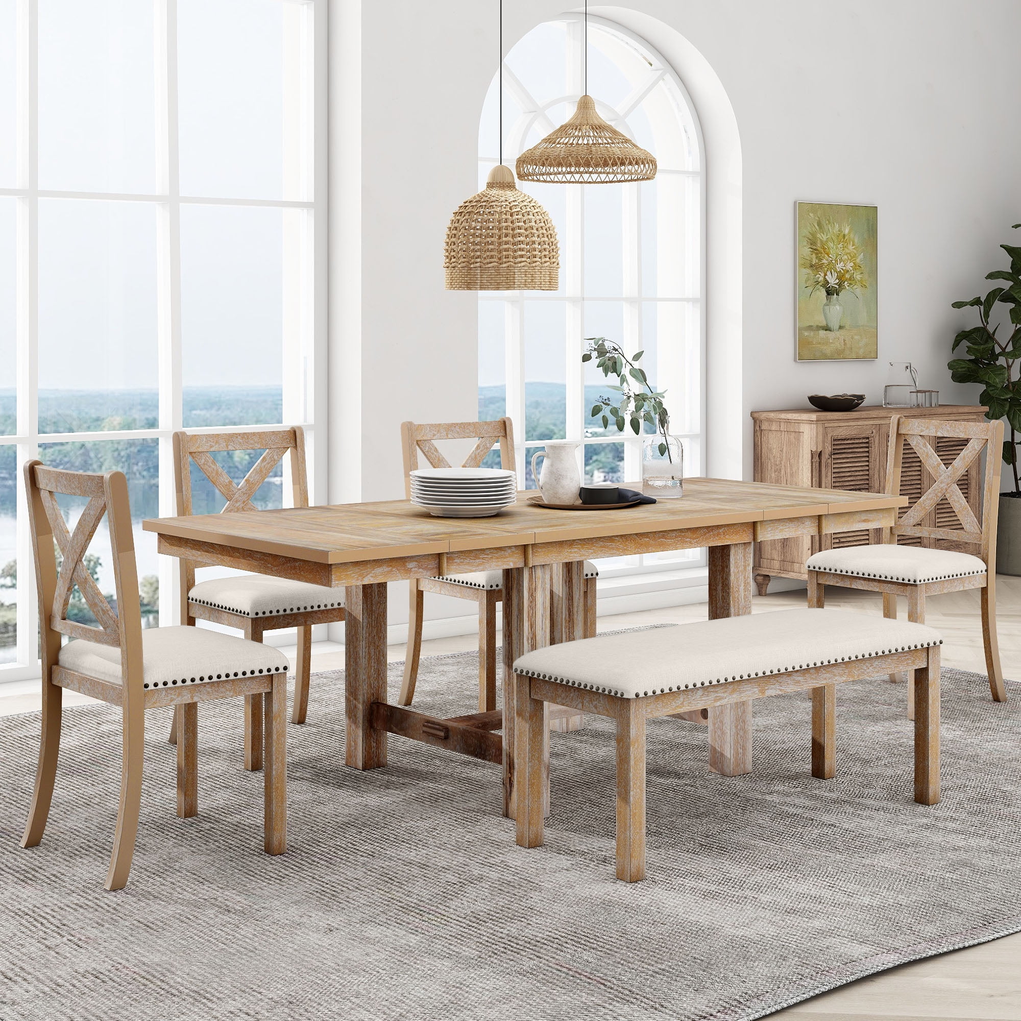 Churanty Farmhouse Extendable Dining Table Set for 6, Solid Wood Rectangular Kitchen Table Set with Removable Leaf,4 Upholstered Chairs and Bench, Natural