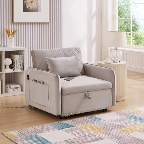 Convertible Chair Bed with USB Ports, 3 in 1 Modern Velvet Pull Out Sofa Bed Chair, Single Sleeper Chair with Pillow for Living Room, Small Spaces, Apartment, Office, Black